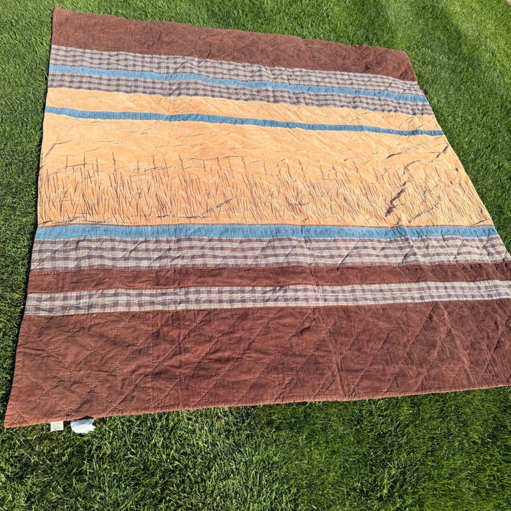 Woolrich Home Quilted Throw Blanket Corduroy Plaid Brown Tan Blue 60x60 Cotton